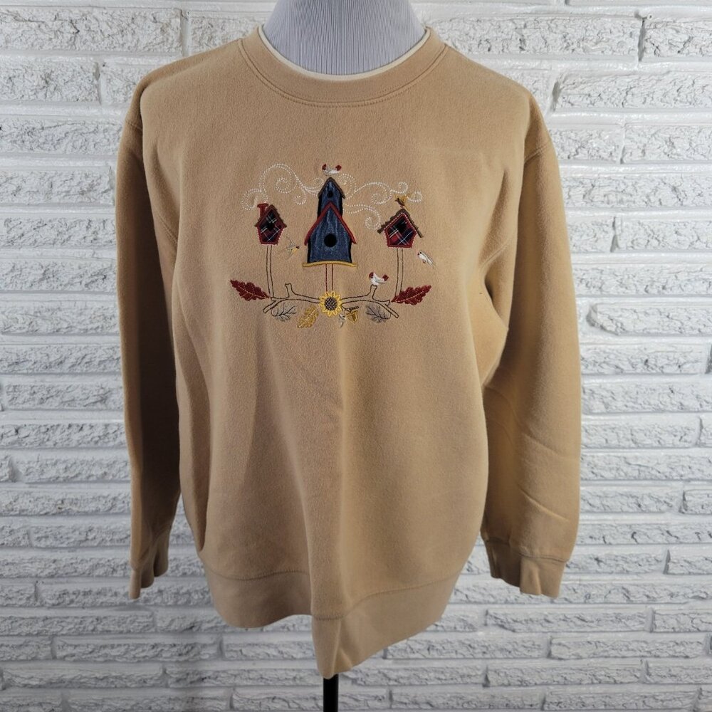 Classic Elements Womens Sweatshirt XL Beige Embroidered Birdhouses Crew SWE162XE